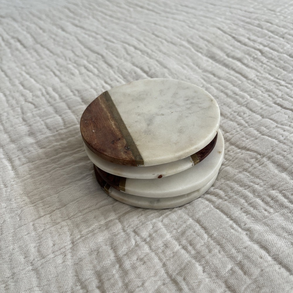 Hand Carved Marble Brass & Wood Coasters - Set of 4